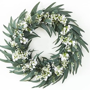 lot 39415 image: Annas Whimsy 24 Inch Spring Gypsophila Eucalyptus Wreath with Leaves and White Flowers for Front Door Porch Window Wall Green Decor Home Farmhouse Wedding- Spring Summer Fall All Seasons