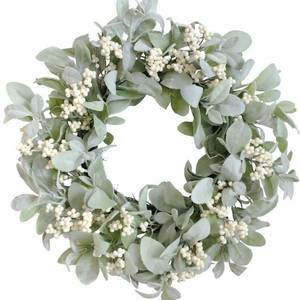 lot 39443 image: Bibelot 18 Inch Lambs Ear Wreath Spring and Everyday Lambs Leaves White Berries Wreath for Front Door, Everyday Grapevine Greenery Wreath for Indoor and Outdoor, Spring Berries Leaves Wreath
