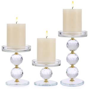 lot 39451 image: OwnMy Set of 3 Gold Crystal Glass Pillar Candlestick Holders Votive Candle Holder Set, Clear Glass Tea Light Candle Stick Holders Pillar Candle Stand Modern Candle Centerpiece for Living Room Wedding