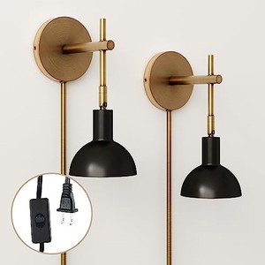 lot 39478 image: Nathan James Tamlin Wall Light Fixture, Wall Mounted 1-Light Lamp, Plugin Sconce with OnOff Switch for Living Room, Reading Nook or Bedroom, Vintage BrassMatte Black, Set of 2