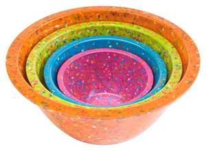lot 39480 image: Zak Designs for Prepping and Serving Food, Made with Durable Melamine Set, Nesting Space Saving Storage, 4 Piece Confetti Mixing Bowls, Orange,Kiwi, Turquoise, Magenta