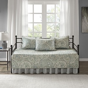 lot 39486 image: Comfort Spaces Daybed Cover - Luxe Double Sided-Quilting, All Season Cozy Bedding with Bedskirt, Matching Shams, Kashmir BlueGrey 75x39 5 Piece