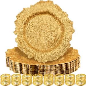 lot 39491 image: Zubebe 12 Set Charger Plates with Napkin Rings Bulk 13 inch Plastic Round Decorative Charger Plate Metallic Reef Design Charger Plate Serving for Wedding Dinner Party Event Banquets Decor (Gold)