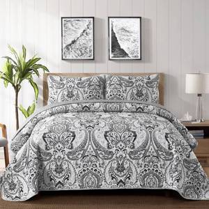 lot 39518 image: Drucon Grey Paisley Quilt Set King 3 Pieces Boho Paisley Floral Quilt Coverlet Set Soft Microfiber Lightweight Bedding Quilt for All Season (King, 104x90)