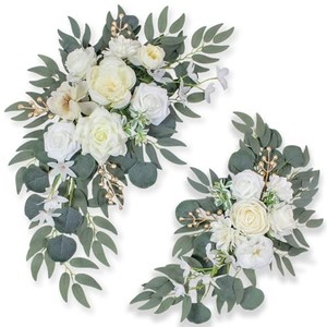 lot 39519 image: BASIMAN Artificial Flower Swag Set of 2 for Wedding Welcome Sign Floral Decoration and Wedding Signs for Ceremony Reception(White)