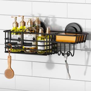 lot 39533 image: TAILI Shower Caddy Suction Cup with Hooks & Soap holder, Heavy Duty Bathroom Shower Organizer, No Drilling Shower Shelf for Inside Shower, Stainless Steel Black Shower holder organizer