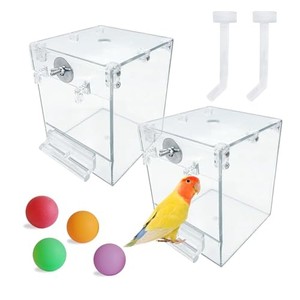 lot 39883 image: PINVNBY Bird Bath Box for Cage,Transparent Parakeet No-Leakage Bathtub Hanging Cube Tube Shower Box Cages Accessory with Water Injector and Balls Toys for Pet Birds Canary Parakeet Cockatoos, Lot of 2