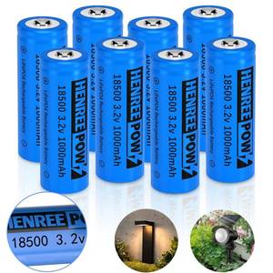 lot 39912 image: Henreepow 18500 Rechargeable Battery, 3.2v LiFePO4 Lithium Phosphate Battery 1000mAh for Outdoor Garden Solar Lights, Flashlight (8 Pack)