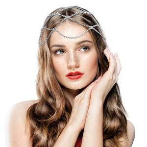 lot 39914 image: Juexica Rhinestone Mesh Headpiece for Women Head Chain 20s Cap Crystal Head Jewelry Flapper Headpiece Accessories for Bridal Party (Silver)