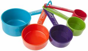 lot 39965 image: Farberware Professional Plastic Measuring Cups with Coffee Spoon, Set of 5, Colors may vary