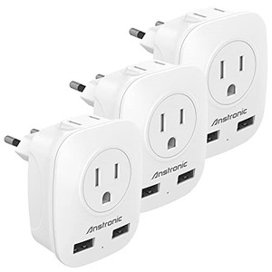 lot 39970 image: 3-Pack European Travel Plug Adapter, Anstronic International Power Adaptor with 2 USB Ports, 2 US Outlets-4 in 1 European Plug Adapter for Spain, Israel, Italy, France, Germany, Greece (Type C)