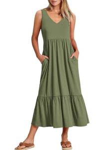 lot 39981 image: Prinbara Womens Summer Casual Sleeveless Swing Long Sundress Flowy Tiered Loose T Shirt Maxi Beach Dresses Army Green, Medium