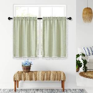 lot 39987 image: MitoVilla 2 Panels Boho Kitchen Short Curtains, Modern Farmhouse Cafe Curtains 30 Inch Length, French Country Small Tier Cotton Linen Tassel Curtain for RVBathroomBed RoomBasement, Sage Green
