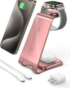 lot 40001 image: Intoval 3-in-1 Wireless Charging Station for iPhone 15 Pro1515 Pro Max14 Pro1414 Pro Max, Apple Watch 9Ultra 2SE8765432, AirPods ProPro 23 (Y93, Pink)
