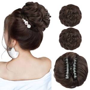 lot 40021 image: HMD 2PCS Messy Bun Hair Piece Claw Clip Messy Bun Hair Piece Curly Wavy Faux Hair Bun Tousled Updo Hair Extensions Scrunchie Chignon Buns Hair pieces for Women (6#)