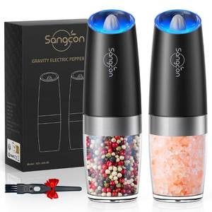 lot 40032 image: Sangcon Gravity Electric Salt and Pepper Grinder Set Automatic Shakers Mill Grinder with LED Light, Battery Powered Adjustable Coarseness One Hand Operation, Upgraded Larger Capacity