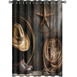 lot 40037 image: Kazynee Western Farmhouse Room Darkening Blackout Window Curtains with Grommets,Rustic Cowboy Leather Boots Texas Star Hat on Wooden Energy Efficient Window Treatment 2 Panels 63L x 21W