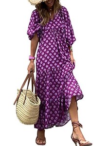 lot 40039 image: miduo Womens Long Dresses Fashion Summer Spring V Neck Half Sleeve Bohemian Floral Pattern Maxi Long Dresses Beach Purple L