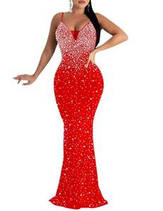 lot 40057 image: MAYFASEY Womens Sexy Sequins Sleeveless Hot Drilling Bodycon Dresses Club Party Night Out Dress Slim Fit Long Maxi Evening Prom Dresses Red L