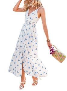 lot 40062 image: BerryGo Womens Embroidery Floral Maxi Dress Spaghetti Strap Pearl Button Down Dress White Floral Blue XL-12