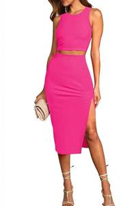 lot 40065 image: Pink Queen Womens 2 Piece Crew Neck Sleeveless Ribbed Tank Top Bodycon Slit Midi Skirt Outfit Dress Set, Medium