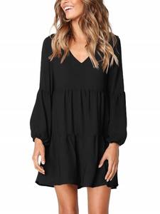 lot 40068 image: Amoretu Womens Cute V-Neck Lantern Sleeve Loose Tunic Dress Knee Length Black M