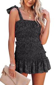lot 40089 image: Fazortev Womens Summer Ruffle Smocked Mini Dress Sleeveless Floral Print Tiered Tie Slim Fit Short Dresses, Small