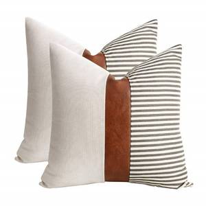 lot 40090 image: cygnus Set of 2 Farmhouse Decor Stripe Patchwork Linen Throw Pillow Covers,Modern Tan Faux Leather Accent Pillow Covers 18x18 inch,Gray