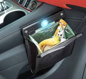 lot 40093 image: CREOMG Car Trash Bag, Superior PU Leather with LED Light and Magnet Closure Design, Bundle with Tissue Box and 30 Disposable Inner Garbage Bags, Waterproof Vehicle Rubbish Container Garbage Can