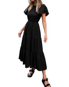 lot 40098 image: BTFBM Women Casual Summer Dresses Crewneck Flutter Puff Short Sleeve Elastic Waist Flowy Aline Tiered Maxi Dress Pockets(Solid Black, Medium)
