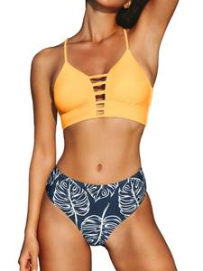 lot 40106 image: CUPSHE Womens Orange and dark blue Leaves Print Lace Bikini Set Large