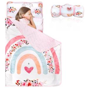 lot 40119 image: Toddler Nap Mat with Removable Pillow and Soft Dot Minky Blanket Pea Pod Kids Rainbow Floral Napping Mats Extra Large Rolled Slumber Bags for Girls Preschool, Daycare, 22 x 54inches Ages 3-7 Years
