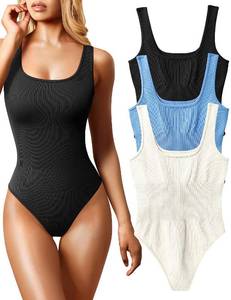 lot 40151 image: OQQ Womens 3 Piece Bodysuits Sexy Ribbed Sleeveless Square Neck Sleeveless Tank Tops Bodysuits Black Candyblue Beige, Medium