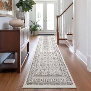 lot 40161 image: jinchan Hallway Runner Rug 3x8 Boho Washable Runner Rug with Rubber Backing Ultra-Thin Distressed Non Slip Kitchen Rug Vintage Floral Print Soft Rug Boho Rug Laundry Room Entryway Farmhouse Taupe