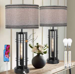 lot 40163 image: MoMyofdy 27 Touch Control Farmhouse Table Lamps Set of 2 Tall 2-Light Design, Black Bedroom Bedside Nightstand wAC USB Ports, Gray Table Lamps for Living Room Home Office End Table