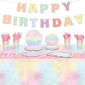 lot 40192 image: Teling 172 Pcs Pastel Rainbow Birthday Party Supplies Include Rainbow Tablecloth Cups Napkins Boho Plates Forks Cutlery Happy Birthday Banner Dinnerware for Baby Shower Girls Wedding Party Decoration