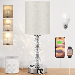 lot 40213 image: White Touch Bedside Lamps for Bedrooms - Crystal Table Lamp with USB CA Charging Port and AC Outlet Nightstand, 3 Way Dimmable Silver Small End Side Table Lamp for LivingGuestDinning RoomKitchen