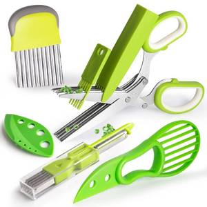 lot 40214 image: Herb Scissors for Kitchen, AUGVO Stainless Steel 5 Blade Kitchen Salad Scissors Leaf Herb Stripper Fruit Peeler Green Onion Slicer Potato Cutter for Chopping Chive, Vegetables, Salad, Herb Tool Set