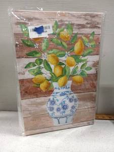 lot 40225 image: Lemon Wall Art Painting Farmhouse Decor Yellow Fruit White Flower and Green Leaves Branches in Blue And White Porcelain Floral Vase Picture Print for Home Decorative Poster 10x15 Inch