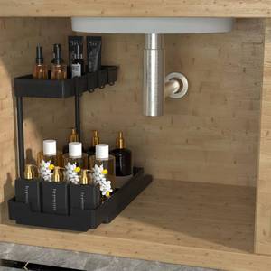 lot 39405 image: DEKAVA Under Sink Organizer L-Shaped, 2 Tier Bathroom Organizer, Narrow Space Under Sink Organizers and Storage for Kitchen Bathroom (Black, 1 Pack)