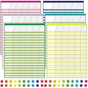 lot 40250 image: Youngever 6 Pack Multi-Color Laminated Dry Erase Incentive Chart with 120 Reward Star Stickers for Chore Responsibility, School Attendance, Homework Progress Tracking Chart (17 Inch x 22 Inch) (B083VVKM6N)