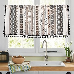 lot 40271 image: RYNGHIPY Boho Window Valance Cotton Linen Curtain Tiers Farmhouse Window Curtain Topper for Kitchen Living Room Bedroom 55 x 36 Inches Length