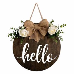 lot 40282 image: MayAvenue Hello Wreaths Decor Sign Front Door, Round Wood Hanging Sign with Ribbon Bow and Artificial Green Leaves, Farmhouse Porch Decorations for Home Thanksgiving, Brown