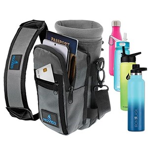 lot 40293 image: Moveo Water Bottle HolderCarrier - Insulated wAdjustable Shoulder Strap and Front Pockets - Comfortable Crossbody Water Bottle Holder - Water Bottle Sling Fits 16oz to 25oz Bottles