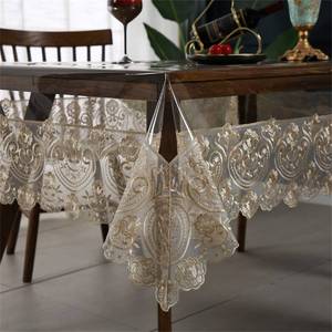 lot 40316 image: Clear Plastic Waterproof Tablecloth, Vinyl PVC Rectangle Table Cloth with Lace Macrame, Oil Spill Proof, Table Cover for Dining Tables, Parties and Holidays (Champagne, 52 x 70 Inch)