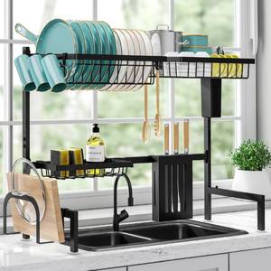 lot 40356 image: Sakugi Dish Drying Rack - Large Over The Sink Dish Drainer Drying Rack (26.8 to 33.9 W), Large Capacity Stainless Steel Dish Rack, Multifunctional Kitchen Organizers and Storage Rack, Black
