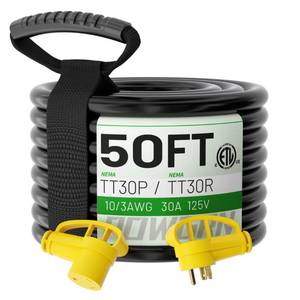 lot 40363 image: POWGRN 30 Amp RV Extension Cord 50 FT Outdoor with Grip Handle, Flexible Heavy Duty 103 Gauge STW 3 Prong RV Power Cord Waterproof with Cord Organizer, NEMA TT-30P to TT-30R, Black-Yellow, ETL Listed