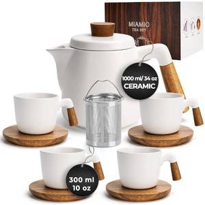 lot 40378 image: MIAMIO - 34 Oz Ceramic Tea Pot Set with Infuser and CupsTea Strainer, 4 Ceramic Tea Mugs (10 Oz), Bamboo SaucersHandle for Home and Office (White)