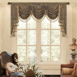 lot 40381 image: Loom and Mill Luxury Jacquard Waterfall Valance for Living Room, Classic Antique Swag Window Valances with Tassels, Bronze Gold Swag Curtains for Bedroom Banquet Holiday Decoration(W79Inch,1 Panel)