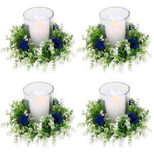 lot 40384 image: Acmee 4 Pcs Rose Candle Rings - Artificial Floral Wreaths with Eucalyptus Leaves Flower Candle Holder for Wedding Centerpiece Party Home Table Decor - Blue